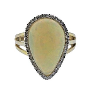 14K Gold Diamond Opal Teardrop Ring