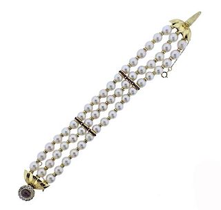 18K Gold Diamond Ruby Pearl 3 Strand Bracelet