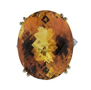 Large 14K Gold Diamond Orange Stone Cocktail Ring