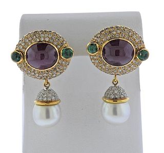 18K Gold Diamond Pearl Emerald Ruby Day Night Earrings