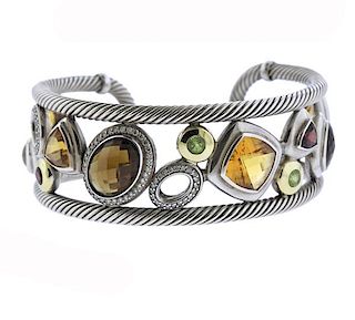 David Yurman Gold Silver Diamond Multi Stone Cuff Bracelet