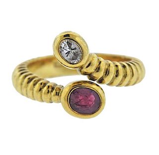 18K Gold Diamond Red Stone Bypass Ring