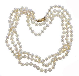 Signed Bvlgari 18K Gold Diamond Pearl Long Necklace