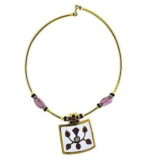 18K Gold Diamond Multi Color Stone Choker Pendant Necklace