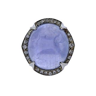 Antique 40 Carat Sapphire Cabochon Diamond 18k Gold Ring