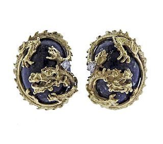 18K Gold Diamond Lapis Dragon Motif Earrings