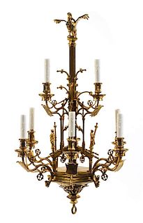A Gothic Revival Brass Nine-Light Chandelier Height 37 x diameter 21 1/2 inches.