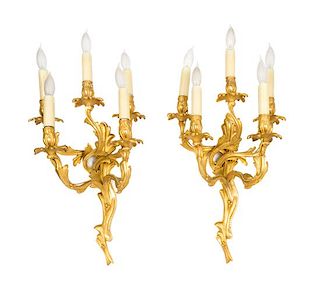 A Pair of Louis XV Style Gilt Bronze Five-Light Wall Lights Height 20 inches.