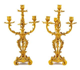A Pair of Louis XV Style Gilt Bronze Four-Light Candelabra Height 19 inches.