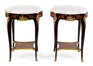 A Pair of Louis XV Style Parquetry and Gilt Metal Mounted Tables Height 27 1/2 x width 21 1/4 x depth 21 1/4 inches.