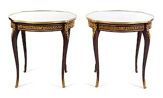 A Pair of Louis XV Style Gilt Bronze Mounted Gueridons Height 30 1/4 x width 31 3/4 x depth 31 3/4 inches.