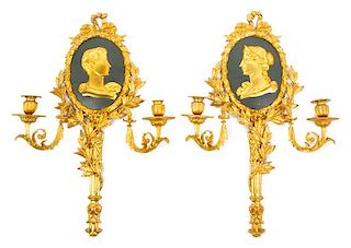 A Pair of Louis XV Style Enameled Gilt Bronze Two-Light Sconces Height 23 3/4 inches.