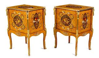 A Pair of Louis XV Style Gilt Bronze Mounted Marquetry Side Cabinets Height 32 x width 23 x depth 18 inches.