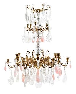 A Louis XV Style Gilt Bronze, Rose Quartz and Rock Crystal Twelve-Light Chandelier Height 32 inches.