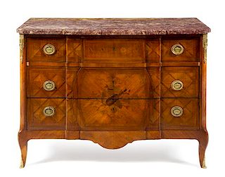 A Louis XV/XVI Transitional Style Marquetry and Parquetry Commode Height 35 x width 47 x depth 19 inches.