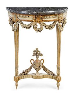 A Louis XVI Painted Console Table Height 34 3/4 x width 27 x depth 15 1/2 inches.