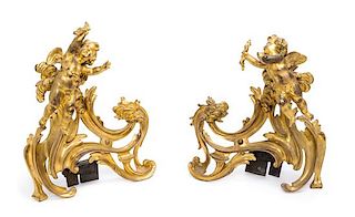 A Pair of Louis XVI Style Gilt Bronze Chenets Height 12 1/2 x width 11 inches.