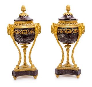 A Pair of Louis XVI Style Gilt Bronze and Marble Cassolettes Height 16 7/8 inches.
