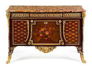 A Louis XVI Style Gilt Bronze Mounted Marquetry Commode Height 35 x width 52 7/8 x depth 19 7/8 inches.