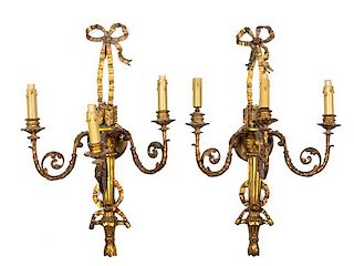 A Pair of Louis XVI Style Giltwood Three-Light Sconces Height 27 inches.