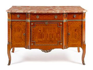 * A Louis XVI Style Marquetry Commode Height 36 1/2 x width 54 x depth 23 3/4 inches.