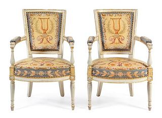 A Pair of Directoire Painted Fauteuils Height 33 inches.