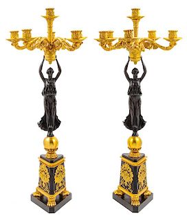 A Pair of Empire Gilt and Patinated Bronze Six-Light Candelabra Height 29 1/2 inches.