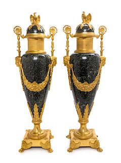 A Pair of Empire Style Gilt Bronze and Marble Urns Height 27 1/2 inches.
