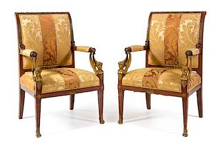 * A Pair of Empire Style Gilt Bronze Mounted Fauteuils Height 39 1/2 inches.
