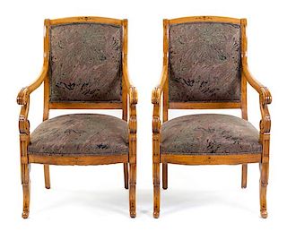 A Pair of Charles X Style Fruitwood Fauteuils Height 34 3/4 inches.