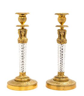 A Pair of Charles X Style Cut Glass and Gilt Bronze Candlesticks Height 11 1/2 inches.