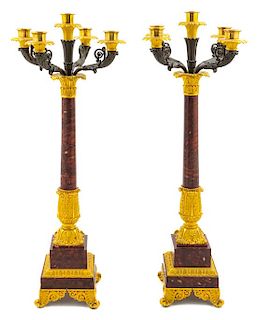 A Pair of Charles X Gilt Bronze and Marble Five-Light Candelabra Height 27 inches.