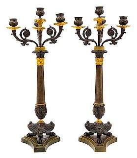 * A Pair of Louis Philippe Style Gilt and Patinated Bronze Four-Light Candelabra Height 20 1/2 inches.