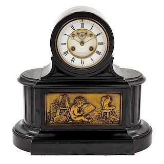A French Slate Mantel Clock Height 14 1/2 x width 14 1/2 x depth 6 1/4 inches.
