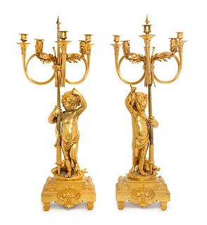A Pair of French Gilt Bronze Five-Light Candelabra Height 32 inches.