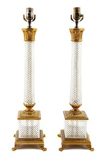 A Pair of French Gilt Metal and Cut Glass Lamps Height 23 inches.