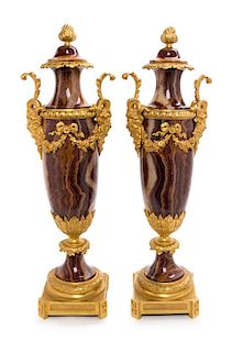 A Pair of French Gilt Bronze and Agate Urns Height 24 1/2 inches.