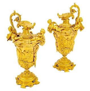 A Pair of French Gilt Bronze Ewers Height 13 1/2 inches.