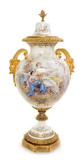 A Sevres Style Gilt Bronze Mounted Porcelain Urn Height 25 inches.