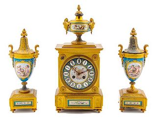 A Sevres Style Porcelain and Gilt Bronze Clock Garniture Height of mantel clock 18 inches.