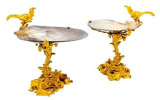 A Pair of French Gilt Bronze and Shell Tazze Height 9 1/2 inches.