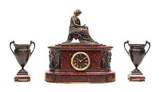 A French Bronze and Marble Clock Garniture Height of mantel clock 17 3/8 x width 17 inches.