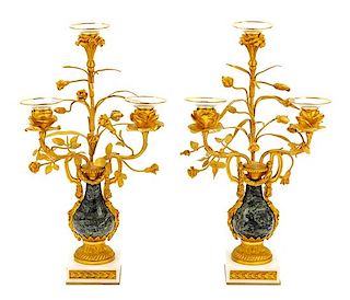 A Pair of French Gilt Bronze and Marble Three-Light Candelabra Height 15 7/8 inches.