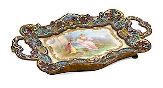 A Sevres Style Champleve Mounted Porcelain Tray Width 11 5/8 inches.