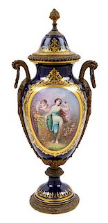 A Sevres Style Gilt Metal Mounted Porcelain Urn Height 24 inches.