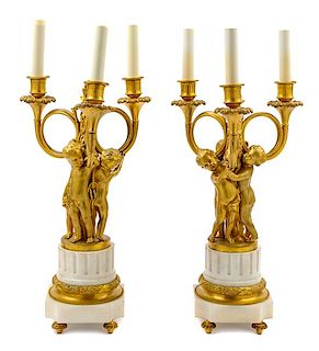 A Pair of French Gilt Bronze and Marble Three-Light Candelabra Height 21 inches.