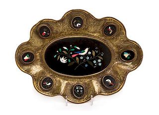 A Continental Pietra Dura Inset Gilt Metal Tray Width 13 1/4 inches.