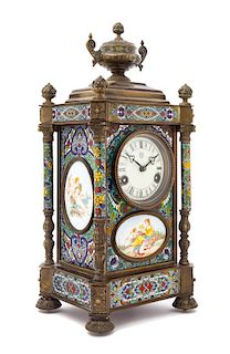 A Continental Champleve and Enameled Plaque Inset Mantel Clock Height 18 1/2 inches.
