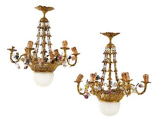 A Pair of Louis XVI Style Porcelain Mounted Gilt Bronze Six-Light Chandeliers Height 24 x diameter 22 inches.