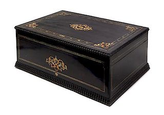 A Napoleon III Ebonized, Brass and Mother-of-Pearl Inlaid Work Box Width 24 inches.